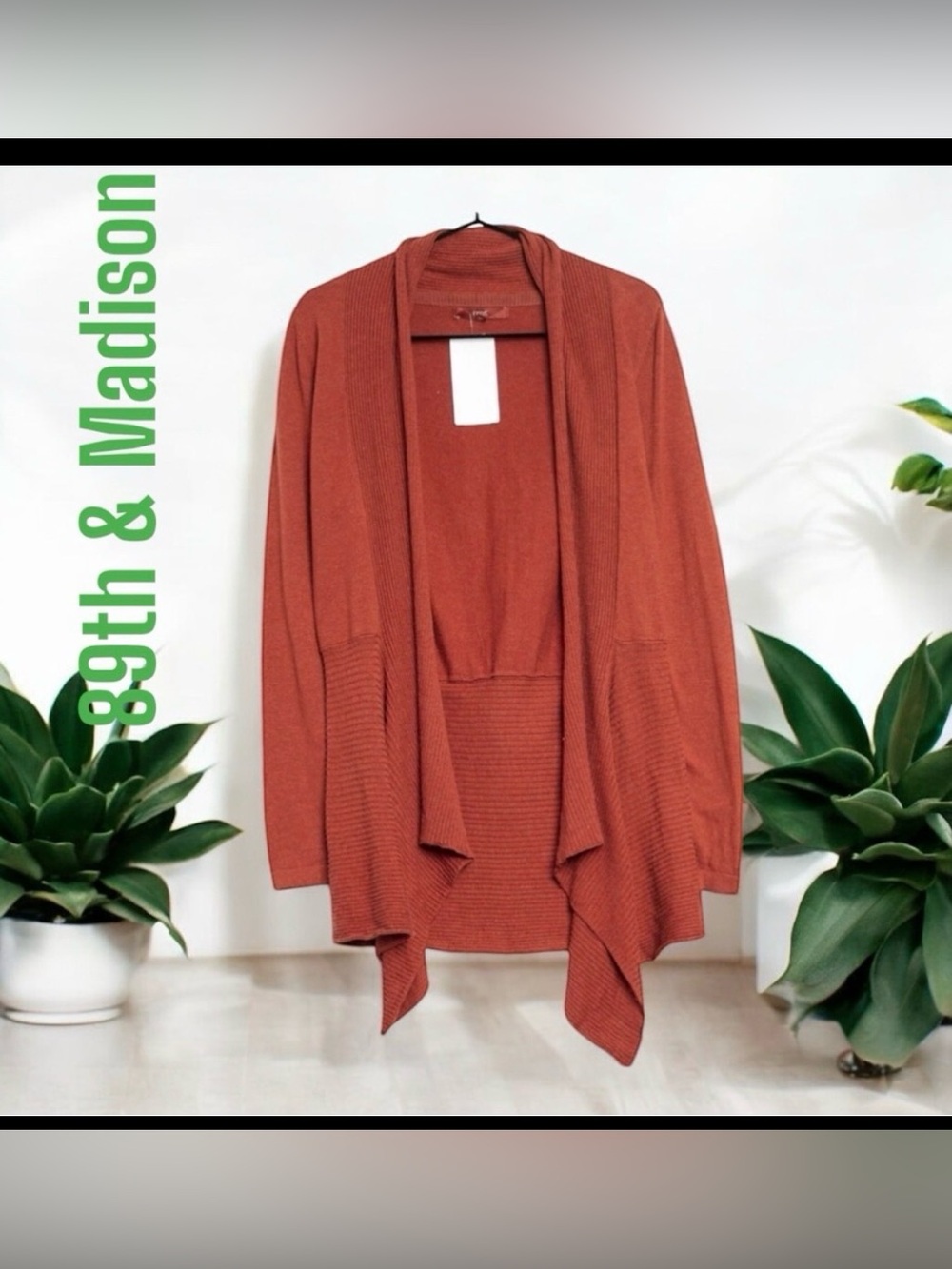 89th Madison women open front Rust Color Cardigan diagonal Asymmetrical lines Sm